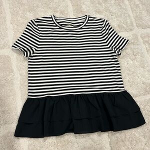 Kate Spade Black and White Stripe Flounce Peplum Short Sleeve Tee